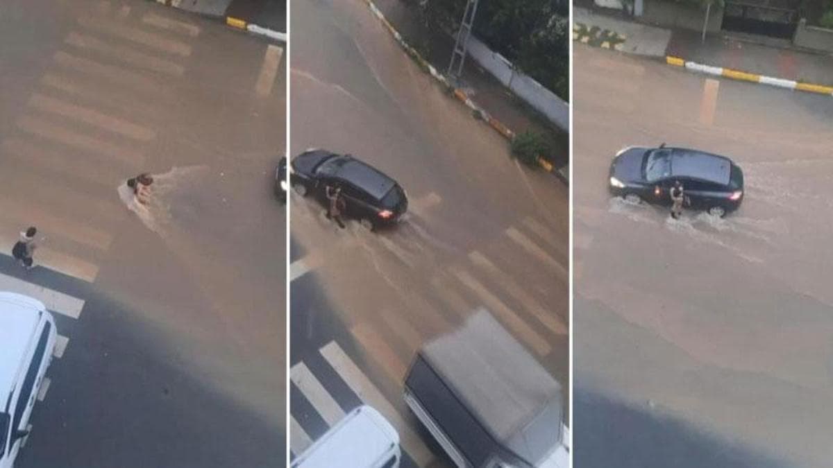 Sultanbeyli’de yağmur suyunda sürüklenerek yere düşen çocuğa sürücü yardım etti